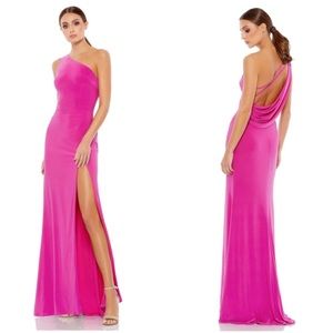 Ieena by Mac Duggal 26512 Jersey One Shoulder Draped Back Gown Candy Pink Size 8